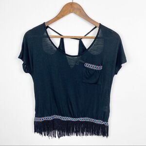 Kirra Black Short Sleeve Fringe Crop Top